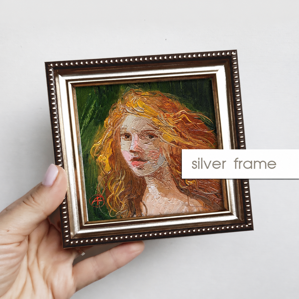Red hair Girl portrait oil painting original 4x4 in