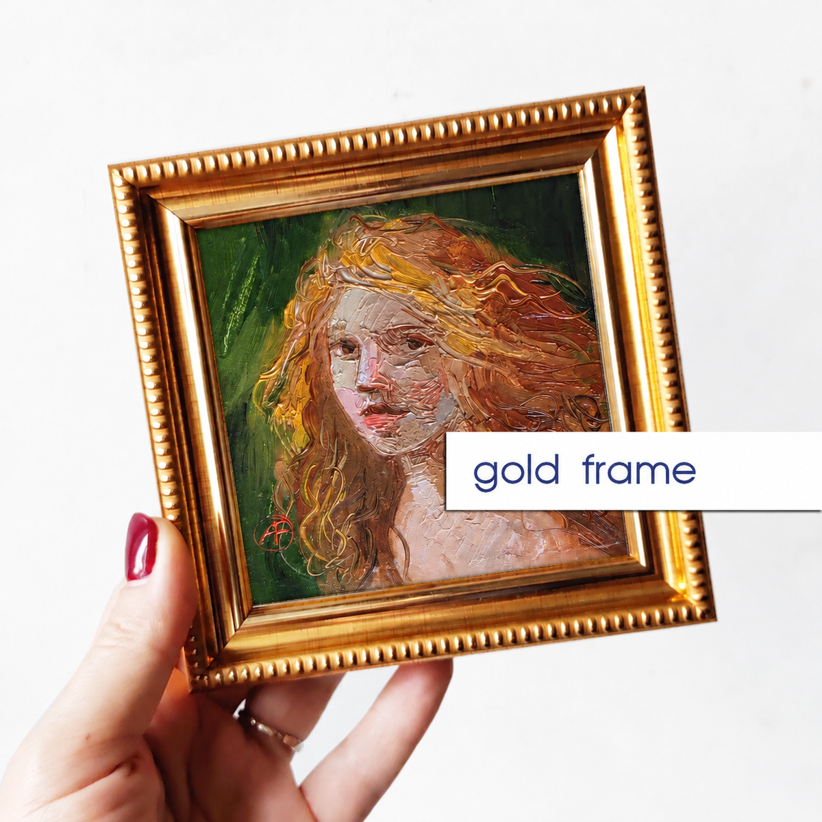 Red hair Girl portrait oil painting original 4x4 in