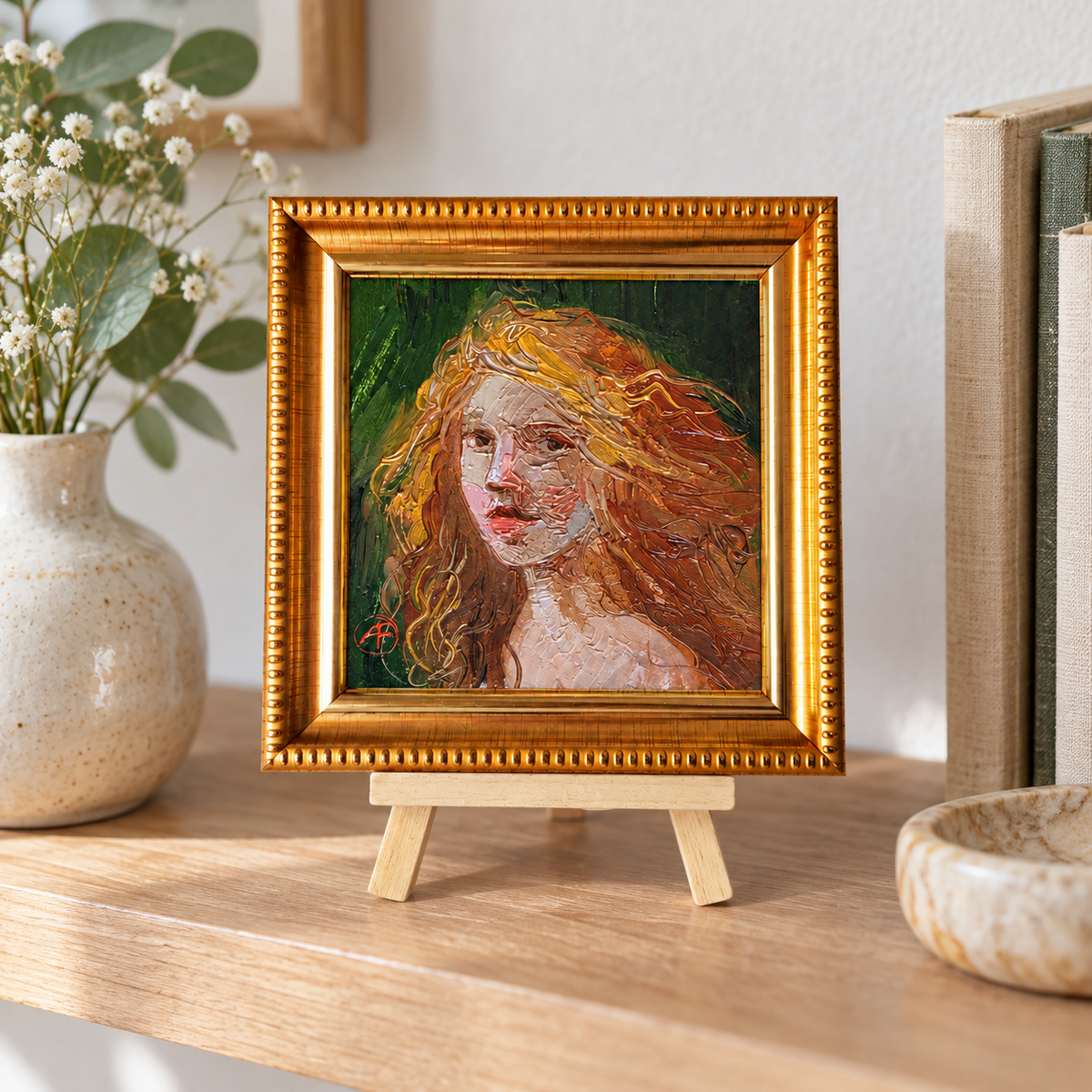 Red hair Girl portrait oil painting original 4x4 in